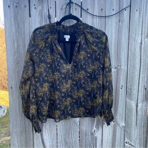 Allison Joy Black Floral Print Smocked Neck Long Sleeve Blouse‎ Top Women Size S